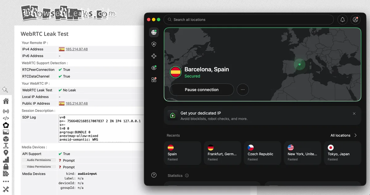 Captura del resultado de la prueba WebRTC en browserleaks.com: servidor NordVPN Barcelona