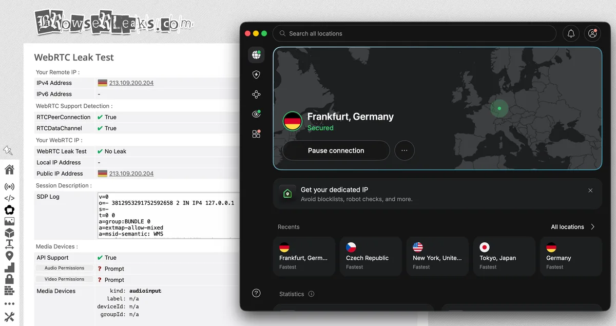 Screenshot des WebRTC-Testergebnisses auf browserleaks.com: NordVPN-Server Frankfurt