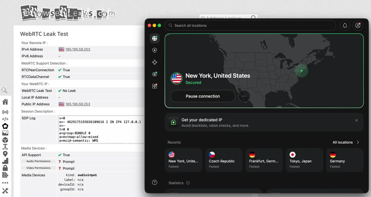 Screenshot of the WebRTC test result on browserleaks.com: NordVPN New York server