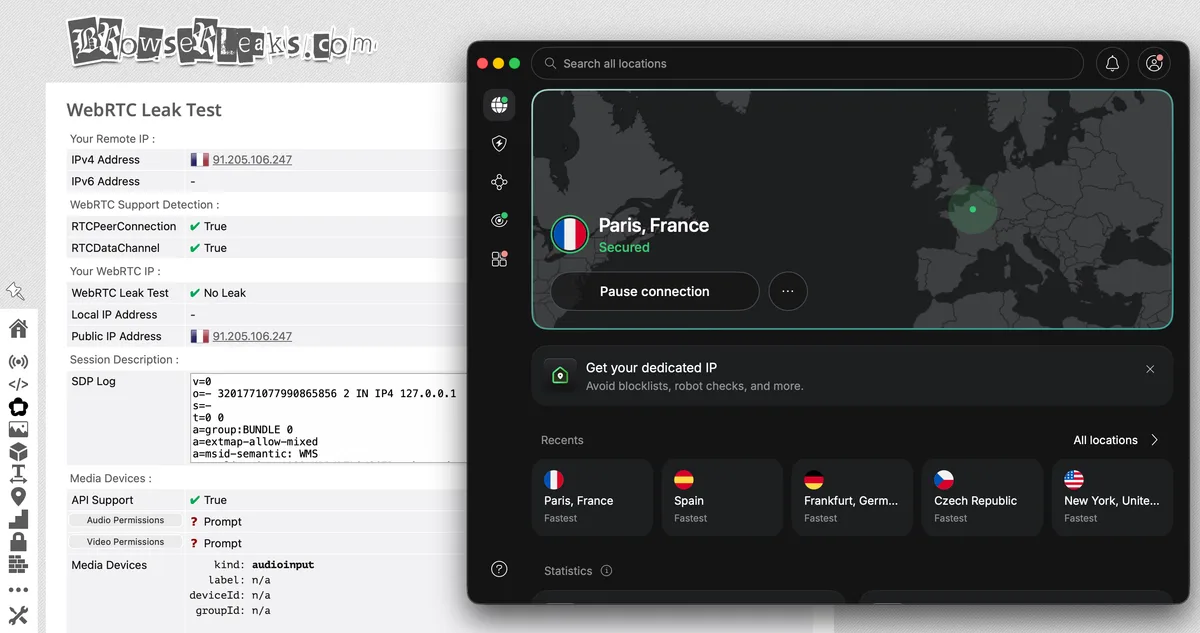 Capture du résultat du test WebRTC sur browserleaks.com: serveur NordVPN Paris
