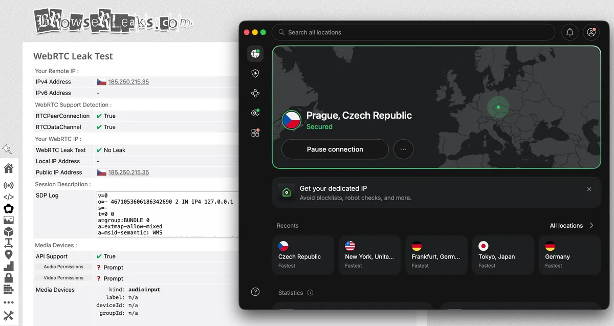 Screenshot výsledku WebRTC testu na browserleaks.com: server NordVPN v Praze
